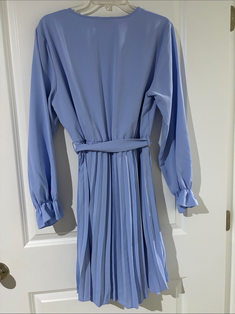 Light Blue V-Neck Pleated Dress with Tie Waist - Picture 3 of 3